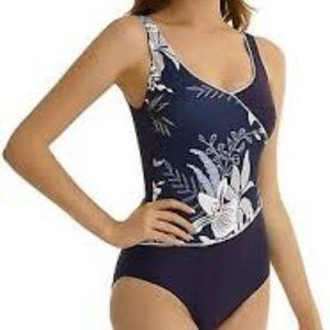 L LOVE SEXY BEAUTY  Floral 1 Piece Dark Blue White Swimsuit Womens Medium
